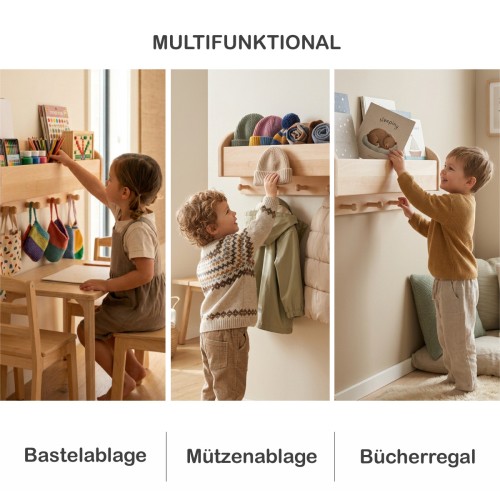Kindergarderobe Holz. Zweigeteiltes Bild zeigt die Garderobe als Nachttisch-Ersatz und als Kreativ-Fach für Bastelmaterial.